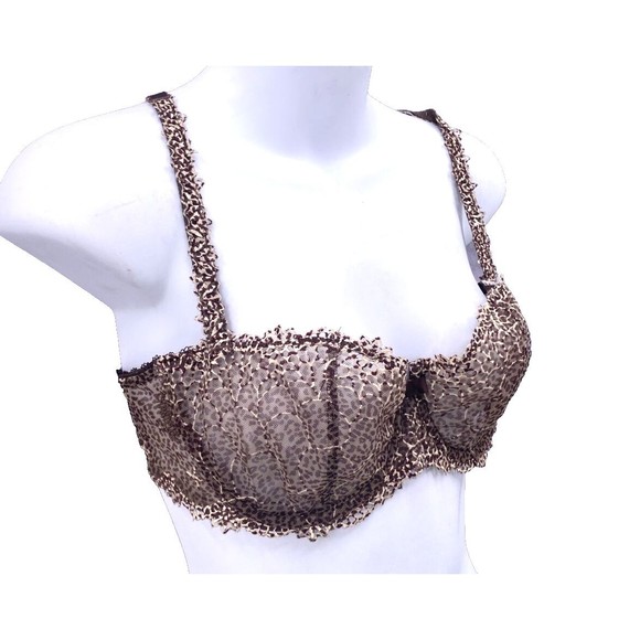 Chantelle Bra 36C Icone 2225 Brown Mesh Animal Print Underwire Ruffle Leopard - Picture 2 of 5
